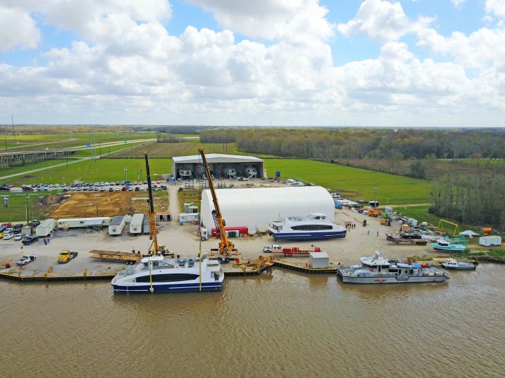 With NYC Ferry H 101 launched, H 102 is moved to the waiting cranes. February, 2017.