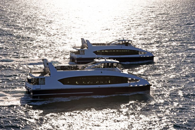 Metal Shark's first two NYC Ferries, H 101 and H 102, crossing the Gulf of Mexico en route to New York. April, 2017.