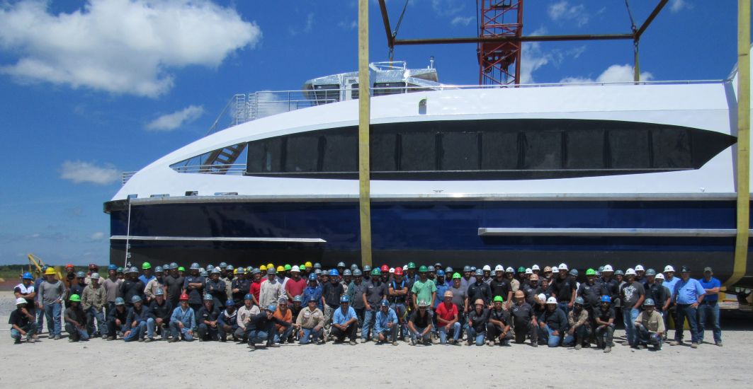 Metal Shark's Franklin crew with H106. Metal Shark delivered all six of its NYC Ferries within record time, between April and June 2017.