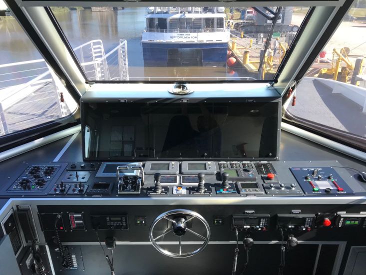 The helm of Metal Shark-built New Orleans passenger ferry RTA 1. August, 2018.