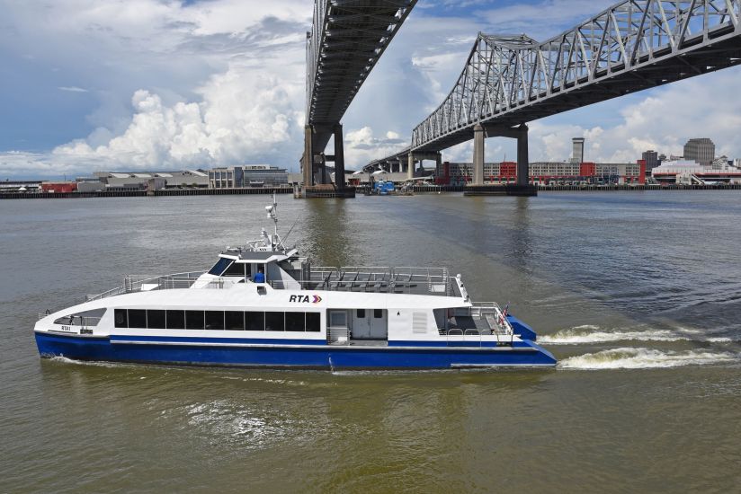 Metal Shark-built New Orleans passenger ferry RTA 1 operating in the Mississippi River near downtown New Orleans. August, 2018.