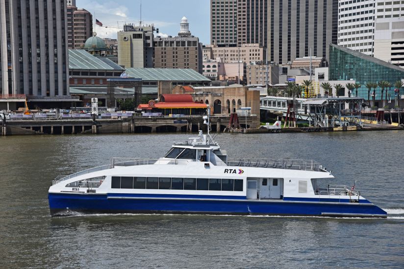 Metal Shark-built New Orleans passenger ferry RTA 1 operating in the Mississippi River near downtown New Orleans. August, 2018.