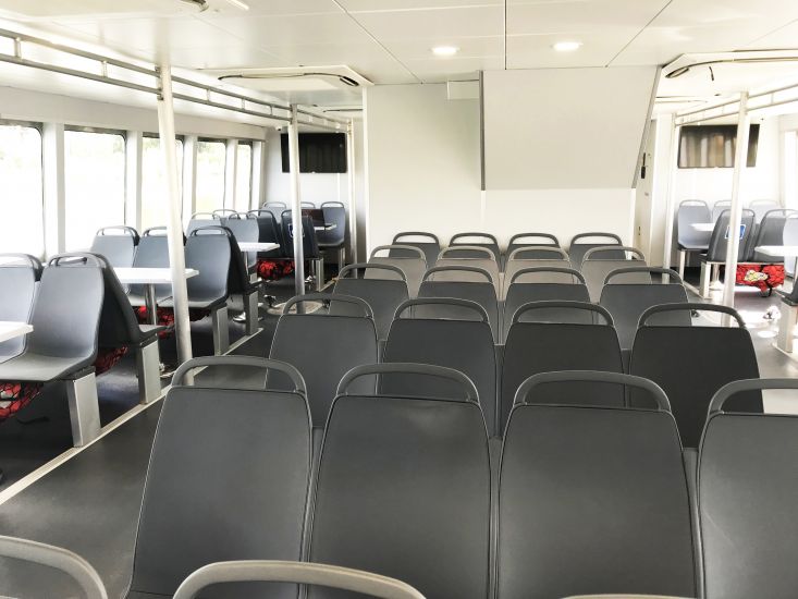 The main passenger cabin of Metal Shark-built New Orleans passenger ferry RTA 1. August, 2018.